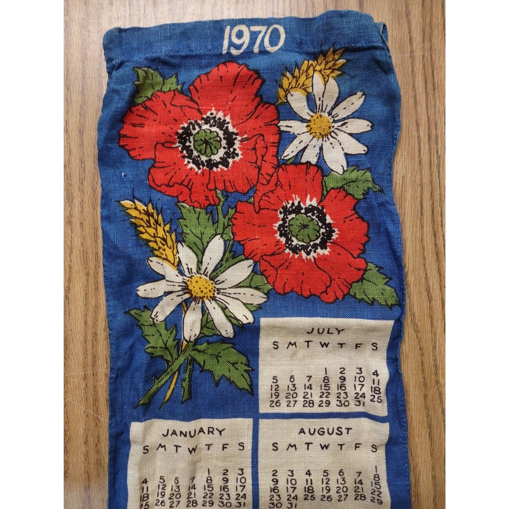 Vintage 1970 Linen Calendar Wall Hanging Red Poppy Floral Blue Fabric 70s Retro